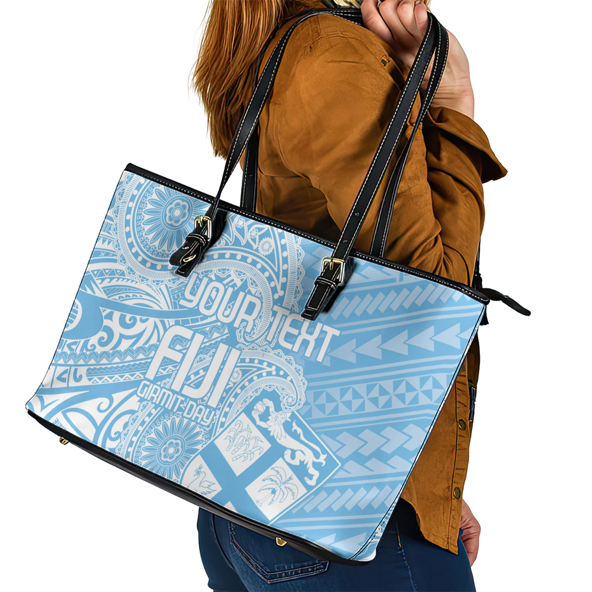 Custom Indo Fijians Leather Tote Bag Fiji ke Hindustani Polyneisan Paisley Blue Style - Wonder Print Shop