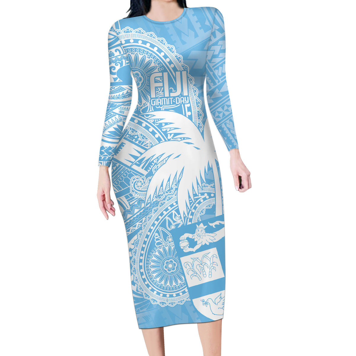 Custom Indo Fijians Long Sleeve Bodycon Dress Fiji ke Hindustani Polyneisan Paisley Blue Style - Wonder Print Shop