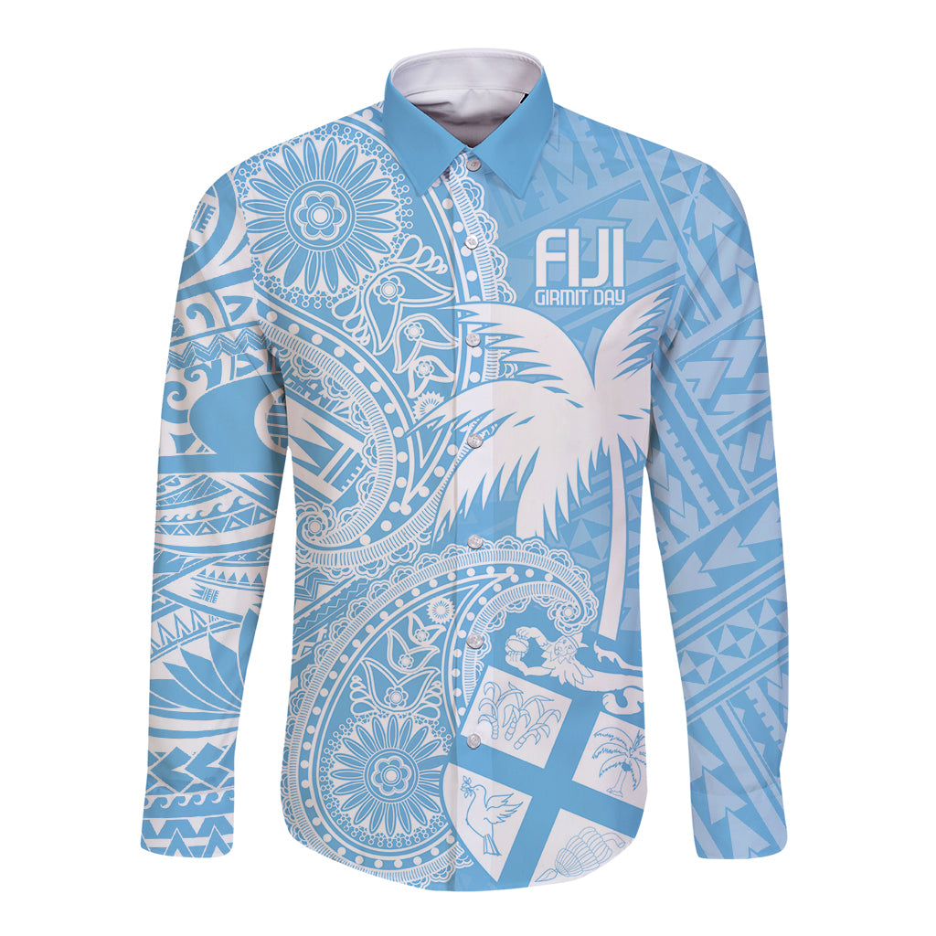 Custom Indo Fijians Long Sleeve Button Shirt Fiji ke Hindustani Polyneisan Paisley Blue Style - Wonder Print Shop