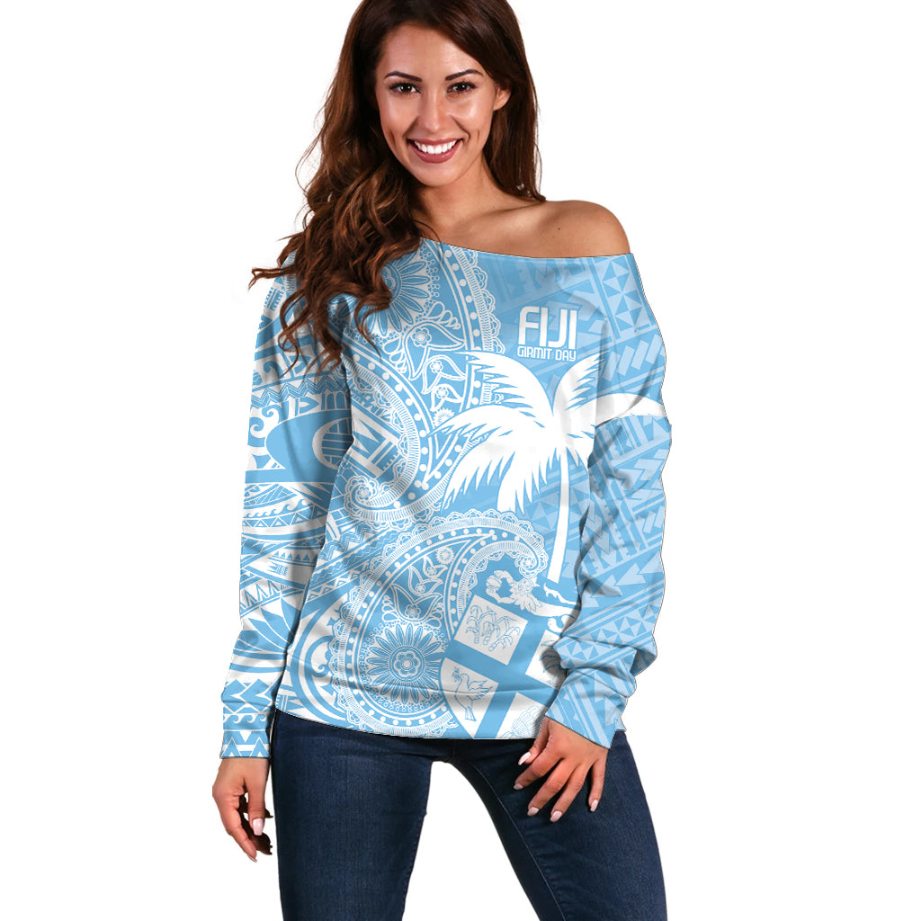Custom Indo Fijians Off Shoulder Sweater Fiji ke Hindustani Polyneisan Paisley Blue Style - Wonder Print Shop