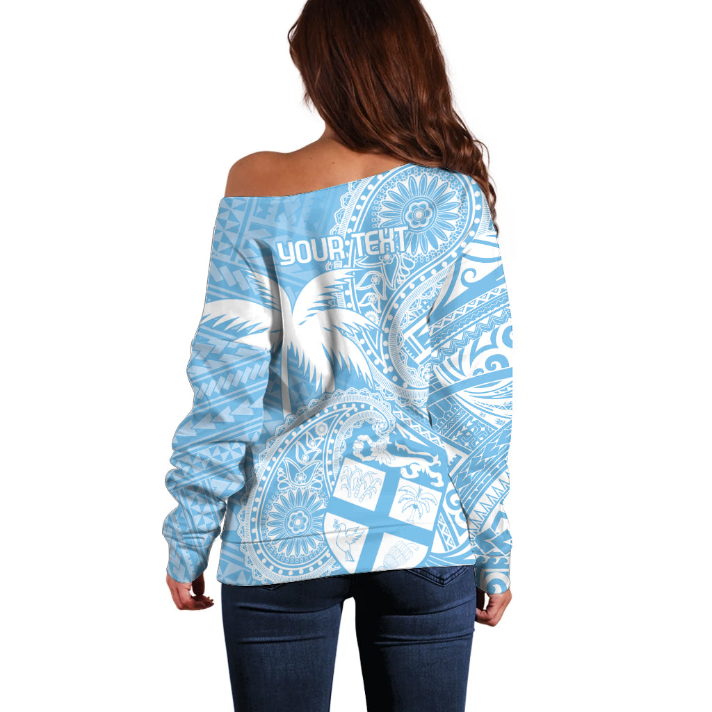 Custom Indo Fijians Off Shoulder Sweater Fiji ke Hindustani Polyneisan Paisley Blue Style - Wonder Print Shop