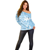 Custom Indo Fijians Off Shoulder Sweater Fiji ke Hindustani Polyneisan Paisley Blue Style - Wonder Print Shop