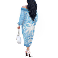 Custom Indo Fijians Off The Shoulder Long Sleeve Dress Fiji ke Hindustani Polyneisan Paisley Blue Style - Wonder Print Shop