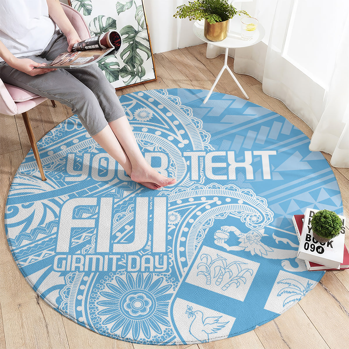 Custom Indo Fijians Round Carpet Fiji ke Hindustani Polyneisan Paisley Blue Style