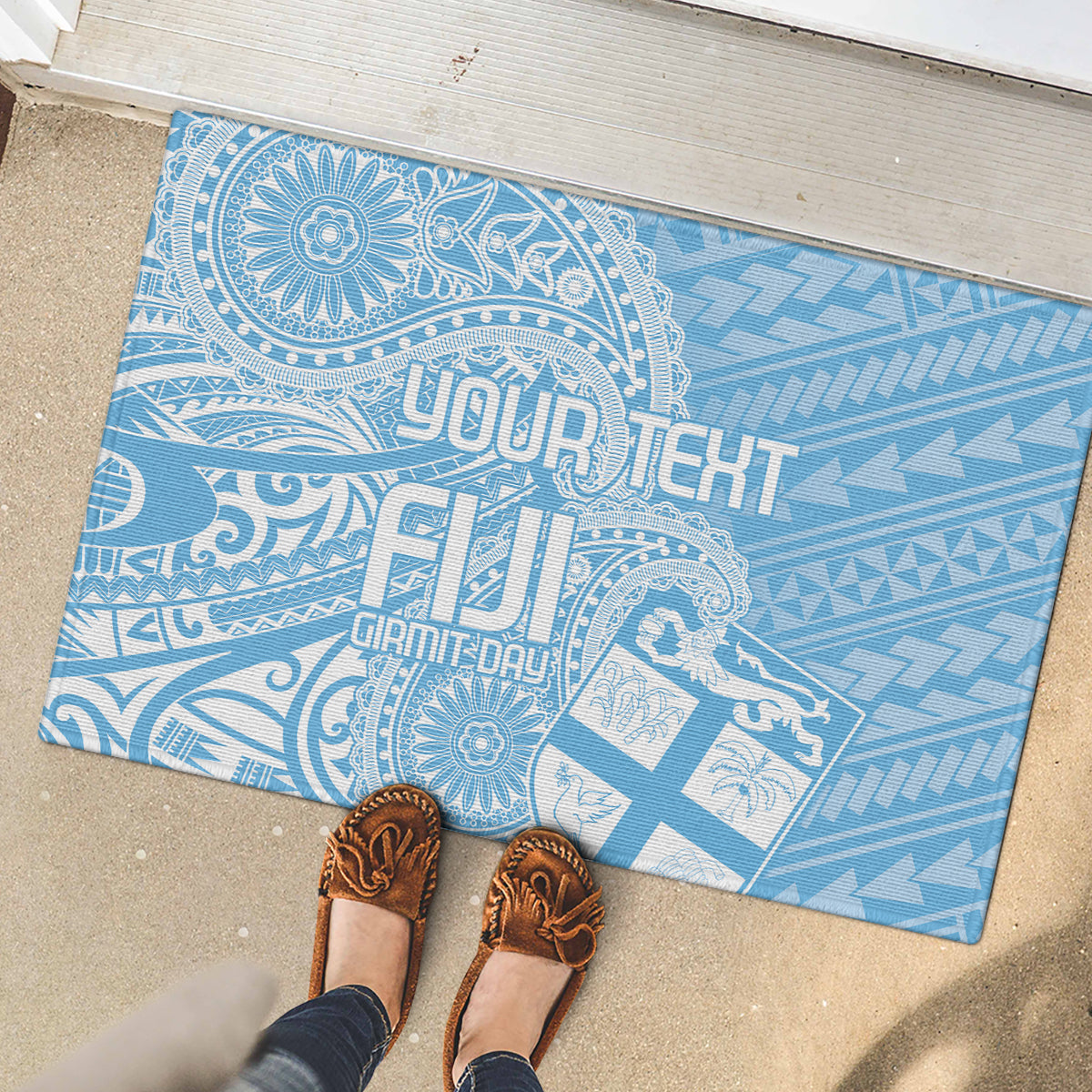 Custom Indo Fijians Rubber Doormat Fiji ke Hindustani Polyneisan Paisley Blue Style - Wonder Print Shop
