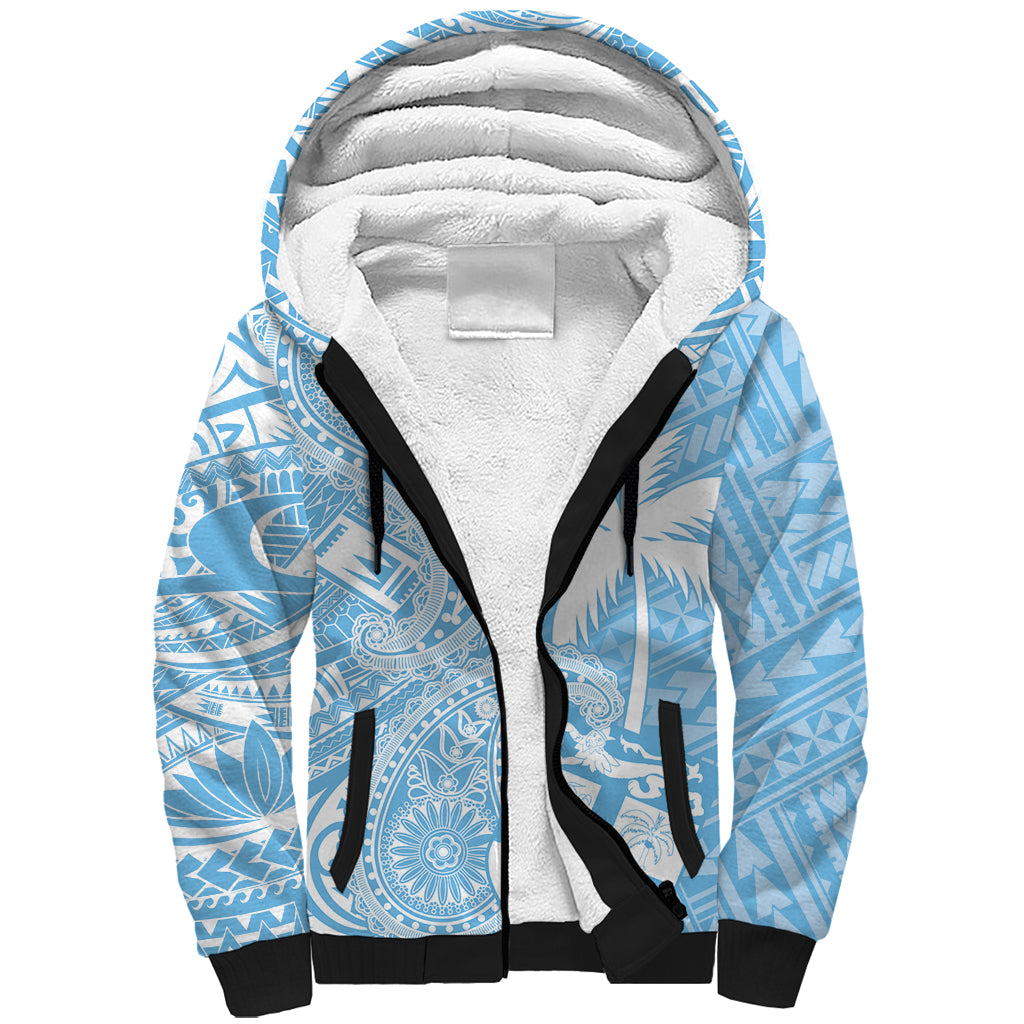 Custom Indo Fijians Sherpa Hoodie Fiji ke Hindustani Polyneisan Paisley Blue Style - Wonder Print Shop