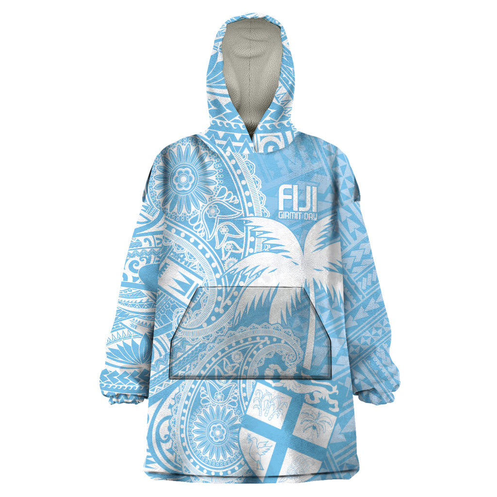Custom Indo Fijians Wearable Blanket Hoodie Fiji ke Hindustani Polyneisan Paisley Blue Style