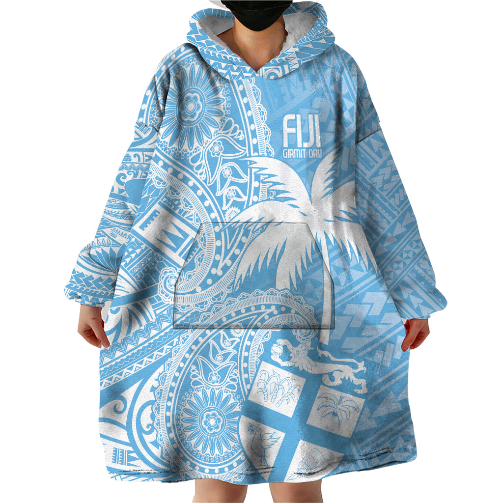 Custom Indo Fijians Wearable Blanket Hoodie Fiji ke Hindustani Polyneisan Paisley Blue Style - Wonder Print Shop
