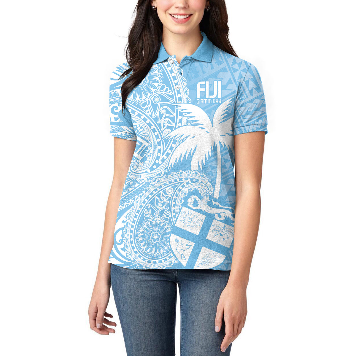 Custom Indo Fijians Women Polo Shirt Fiji ke Hindustani Polyneisan Paisley Blue Style - Wonder Print Shop