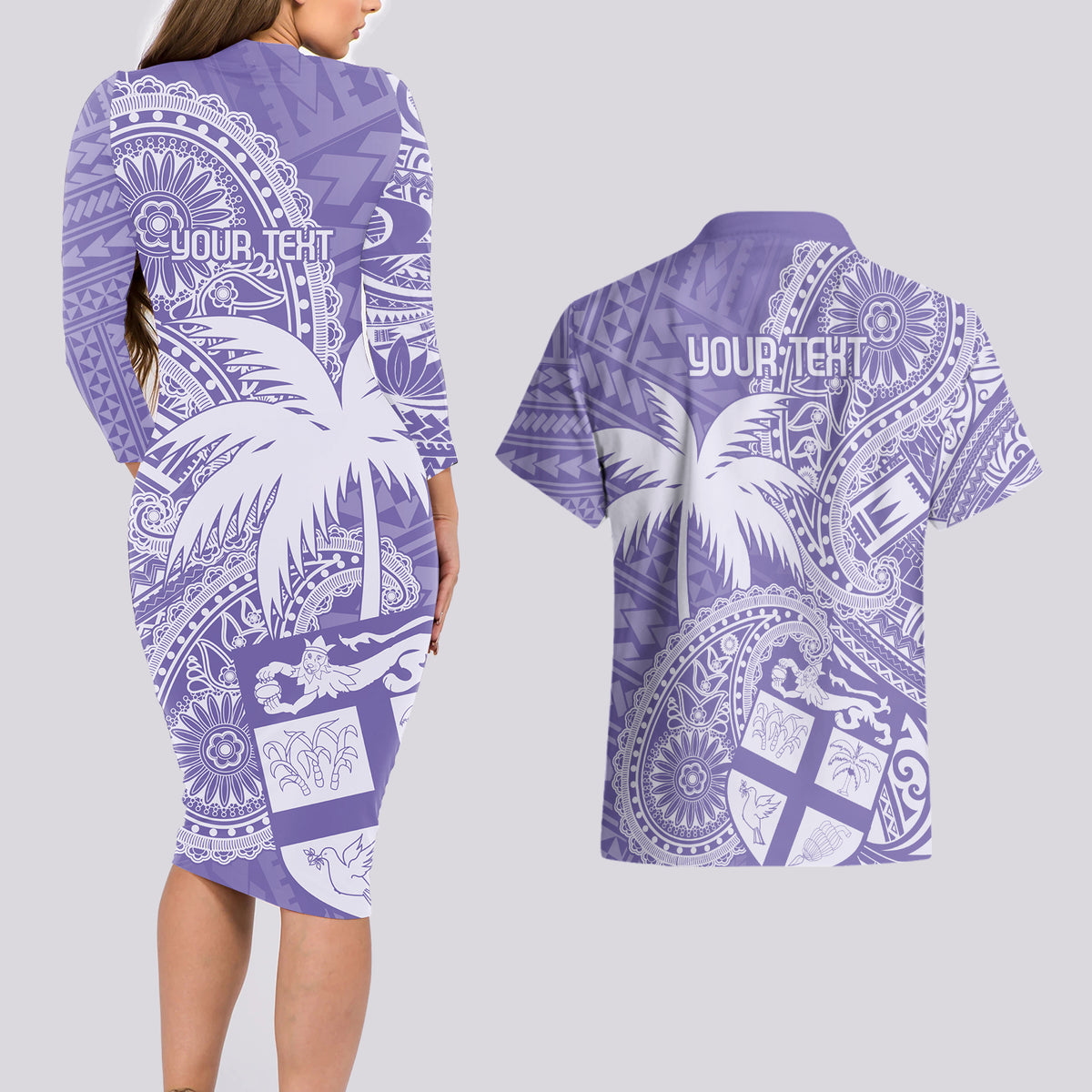 Custom Indo Fijians Couples Matching Long Sleeve Bodycon Dress and Hawaiian Shirt Fiji ke Hindustani Polyneisan Paisley Purple Style LT9 - Wonder Print Shop