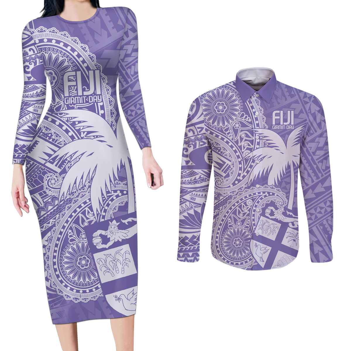 Custom Indo Fijians Couples Matching Long Sleeve Bodycon Dress and Long Sleeve Button Shirt Fiji ke Hindustani Polyneisan Paisley Purple Style LT9 - Wonder Print Shop