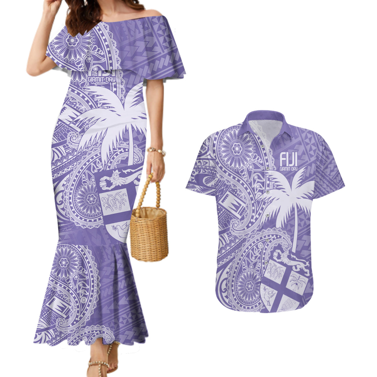 Custom Indo Fijians Couples Matching Mermaid Dress and Hawaiian Shirt Fiji ke Hindustani Polyneisan Paisley Purple Style LT9 - Wonder Print Shop