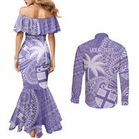 Custom Indo Fijians Couples Matching Mermaid Dress and Long Sleeve Button Shirt Fiji ke Hindustani Polyneisan Paisley Purple Style