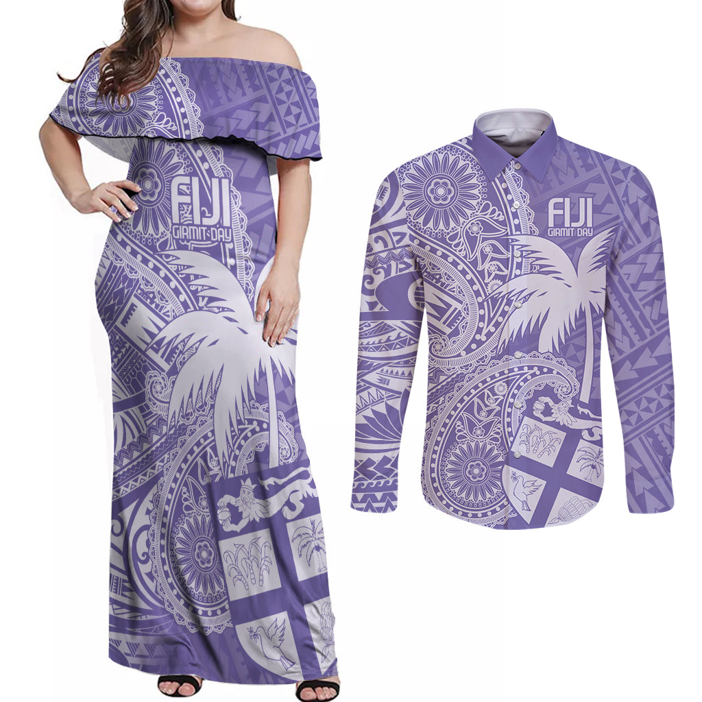 Custom Indo Fijians Couples Matching Off Shoulder Maxi Dress and Long Sleeve Button Shirt Fiji ke Hindustani Polyneisan Paisley Purple Style LT9 - Wonder Print Shop