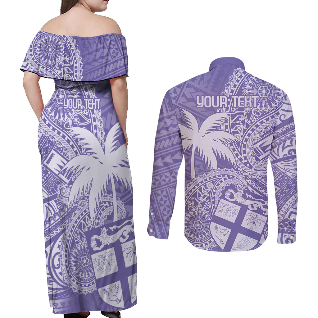 Custom Indo Fijians Couples Matching Off Shoulder Maxi Dress and Long Sleeve Button Shirt Fiji ke Hindustani Polyneisan Paisley Purple Style LT9 - Wonder Print Shop