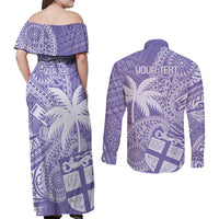 Custom Indo Fijians Couples Matching Off Shoulder Maxi Dress and Long Sleeve Button Shirt Fiji ke Hindustani Polyneisan Paisley Purple Style LT9 - Wonder Print Shop