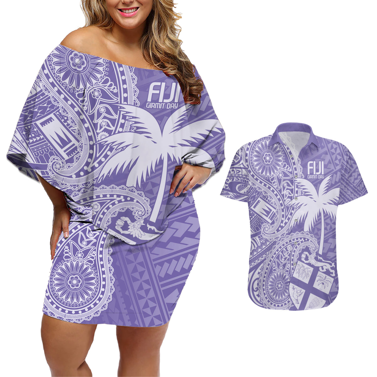 Custom Indo Fijians Couples Matching Off Shoulder Short Dress and Hawaiian Shirt Fiji ke Hindustani Polyneisan Paisley Purple Style LT9 - Wonder Print Shop