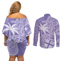 Custom Indo Fijians Couples Matching Off Shoulder Short Dress and Long Sleeve Button Shirt Fiji ke Hindustani Polyneisan Paisley Purple Style LT9 - Wonder Print Shop