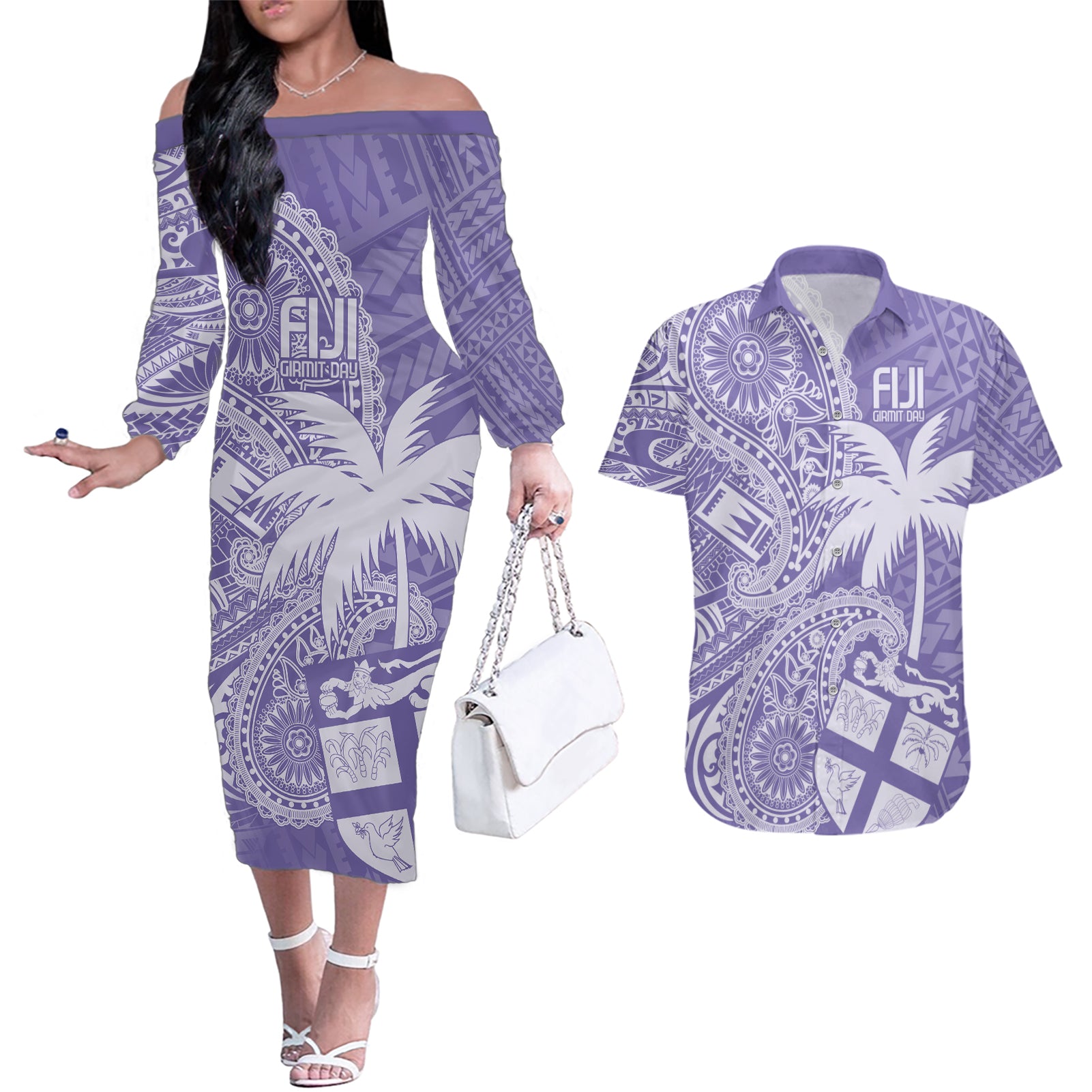 Custom Indo Fijians Couples Matching Off The Shoulder Long Sleeve Dress and Hawaiian Shirt Fiji ke Hindustani Polyneisan Paisley Purple Style LT9 - Wonder Print Shop