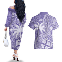 Custom Indo Fijians Couples Matching Off The Shoulder Long Sleeve Dress and Hawaiian Shirt Fiji ke Hindustani Polyneisan Paisley Purple Style LT9 - Wonder Print Shop