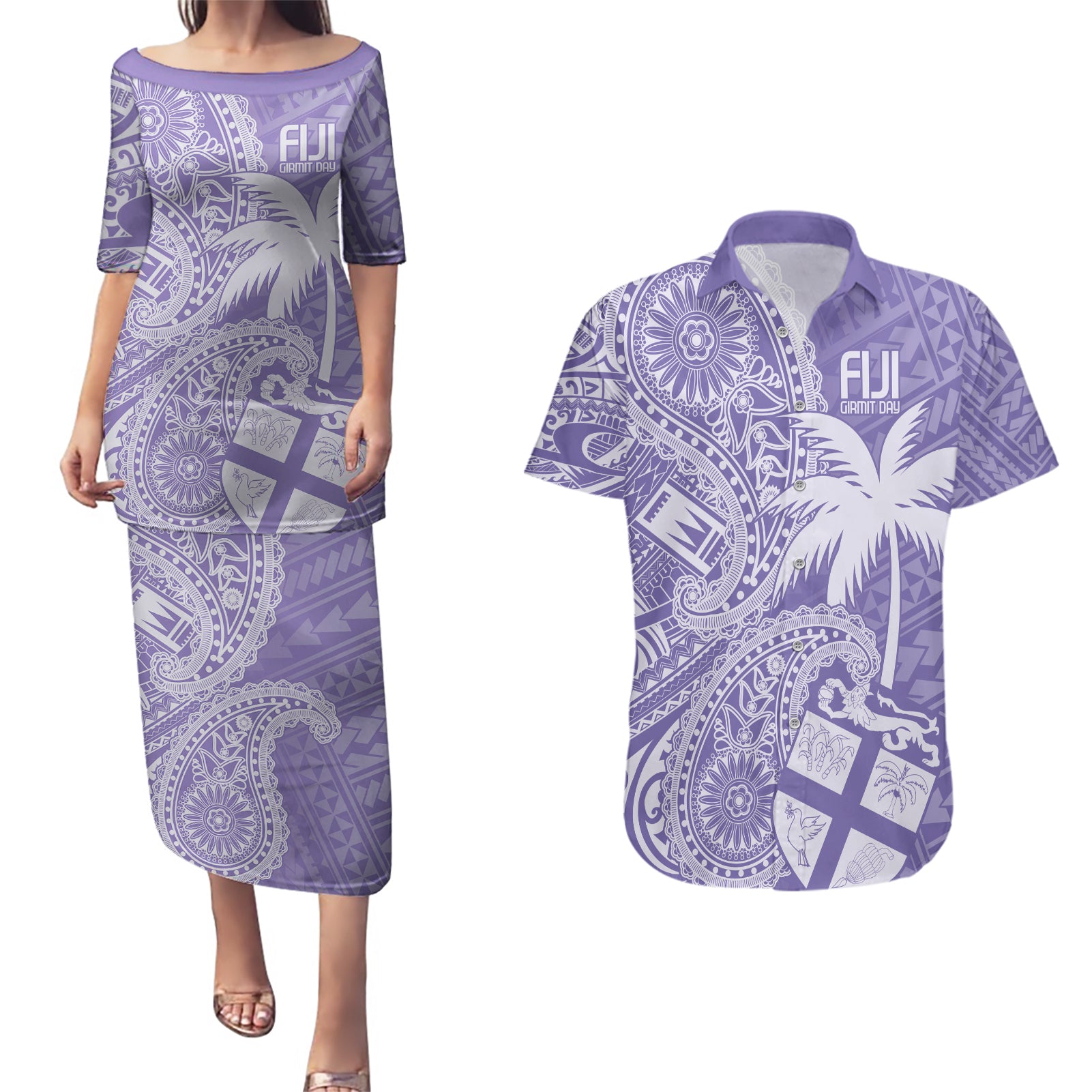 Custom Indo Fijians Couples Matching Puletasi and Hawaiian Shirt Fiji ke Hindustani Polyneisan Paisley Purple Style LT9 - Wonder Print Shop
