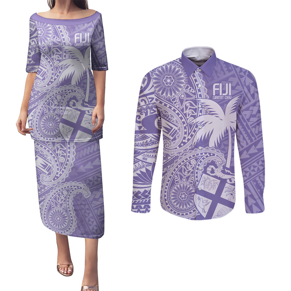 Custom Indo Fijians Couples Matching Puletasi and Long Sleeve Button Shirt Fiji ke Hindustani Polyneisan Paisley Purple Style LT9 - Wonder Print Shop