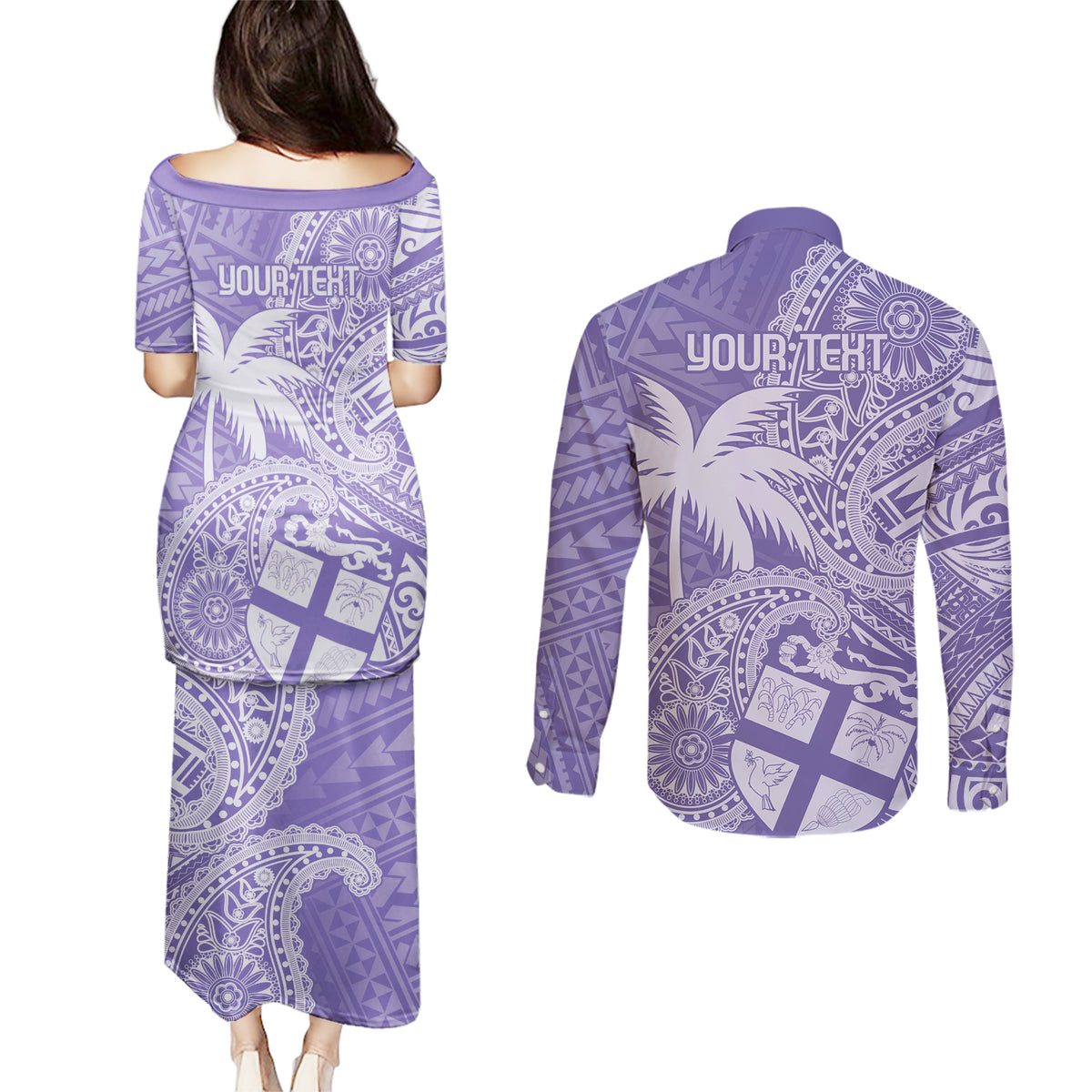Custom Indo Fijians Couples Matching Puletasi and Long Sleeve Button Shirt Fiji ke Hindustani Polyneisan Paisley Purple Style LT9 - Wonder Print Shop