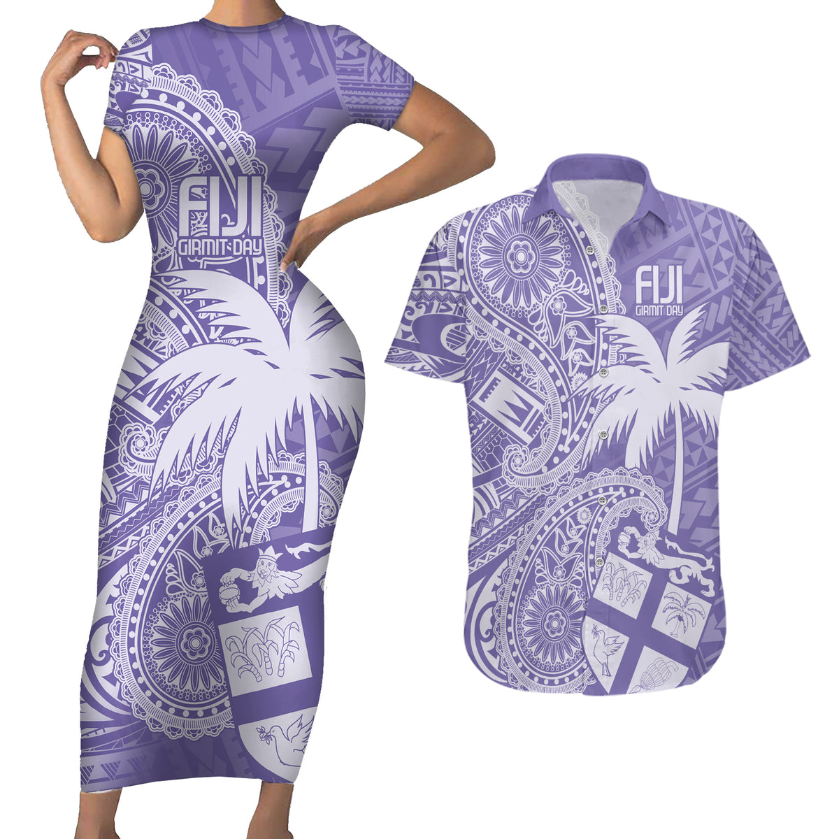 Custom Indo Fijians Couples Matching Short Sleeve Bodycon Dress and Hawaiian Shirt Fiji ke Hindustani Polyneisan Paisley Purple Style LT9 - Wonder Print Shop