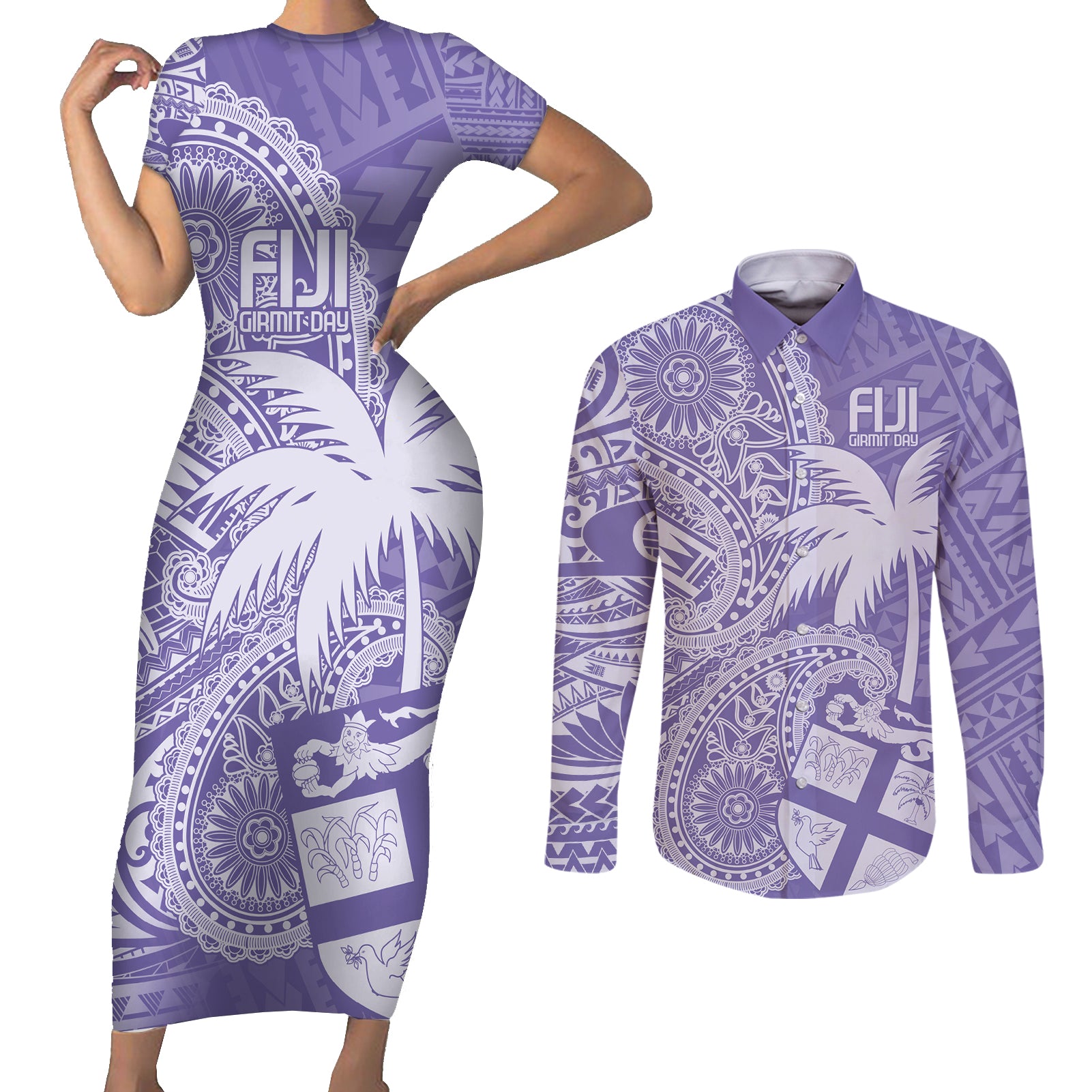 Custom Indo Fijians Couples Matching Short Sleeve Bodycon Dress and Long Sleeve Button Shirt Fiji ke Hindustani Polyneisan Paisley Purple Style LT9 - Wonder Print Shop