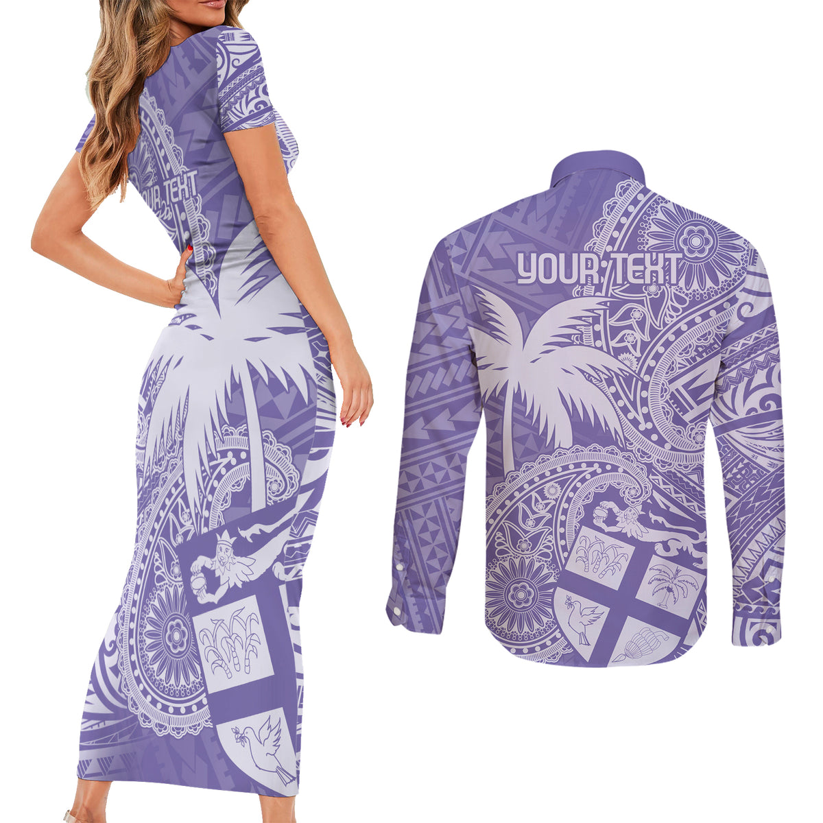 Custom Indo Fijians Couples Matching Short Sleeve Bodycon Dress and Long Sleeve Button Shirt Fiji ke Hindustani Polyneisan Paisley Purple Style LT9 - Wonder Print Shop