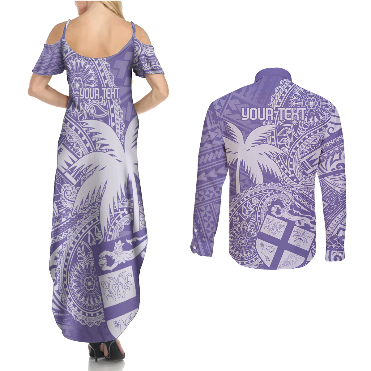 Custom Indo Fijians Couples Matching Summer Maxi Dress and Long Sleeve Button Shirt Fiji ke Hindustani Polyneisan Paisley Purple Style LT9 - Wonder Print Shop