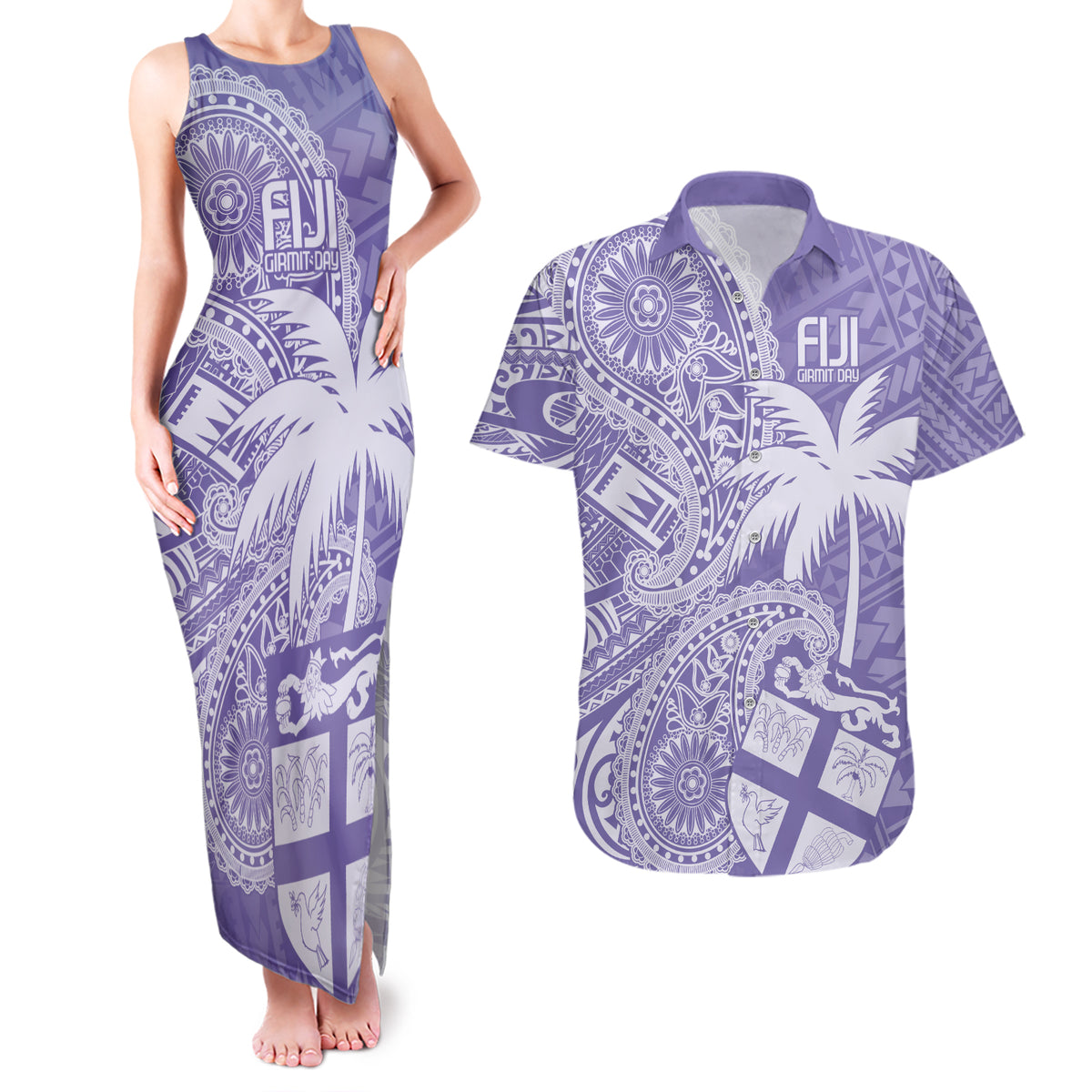 Custom Indo Fijians Couples Matching Tank Maxi Dress and Hawaiian Shirt Fiji ke Hindustani Polyneisan Paisley Purple Style LT9 - Wonder Print Shop