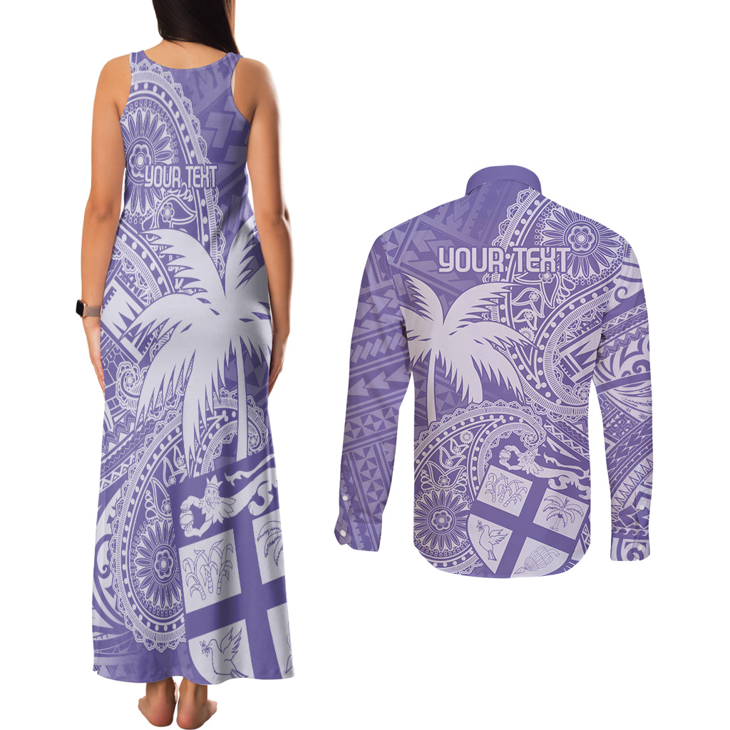 Custom Indo Fijians Couples Matching Tank Maxi Dress and Long Sleeve Button Shirt Fiji ke Hindustani Polyneisan Paisley Purple Style LT9 - Wonder Print Shop