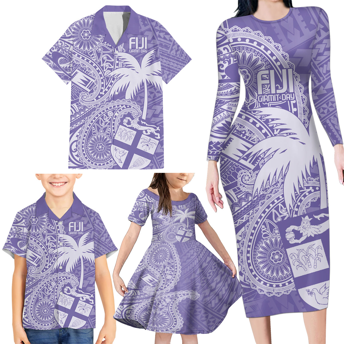 Custom Indo Fijians Family Matching Long Sleeve Bodycon Dress and Hawaiian Shirt Fiji ke Hindustani Polyneisan Paisley Purple Style LT9 - Wonder Print Shop