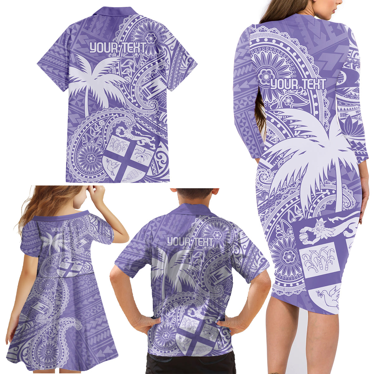 Custom Indo Fijians Family Matching Long Sleeve Bodycon Dress and Hawaiian Shirt Fiji ke Hindustani Polyneisan Paisley Purple Style LT9 - Wonder Print Shop