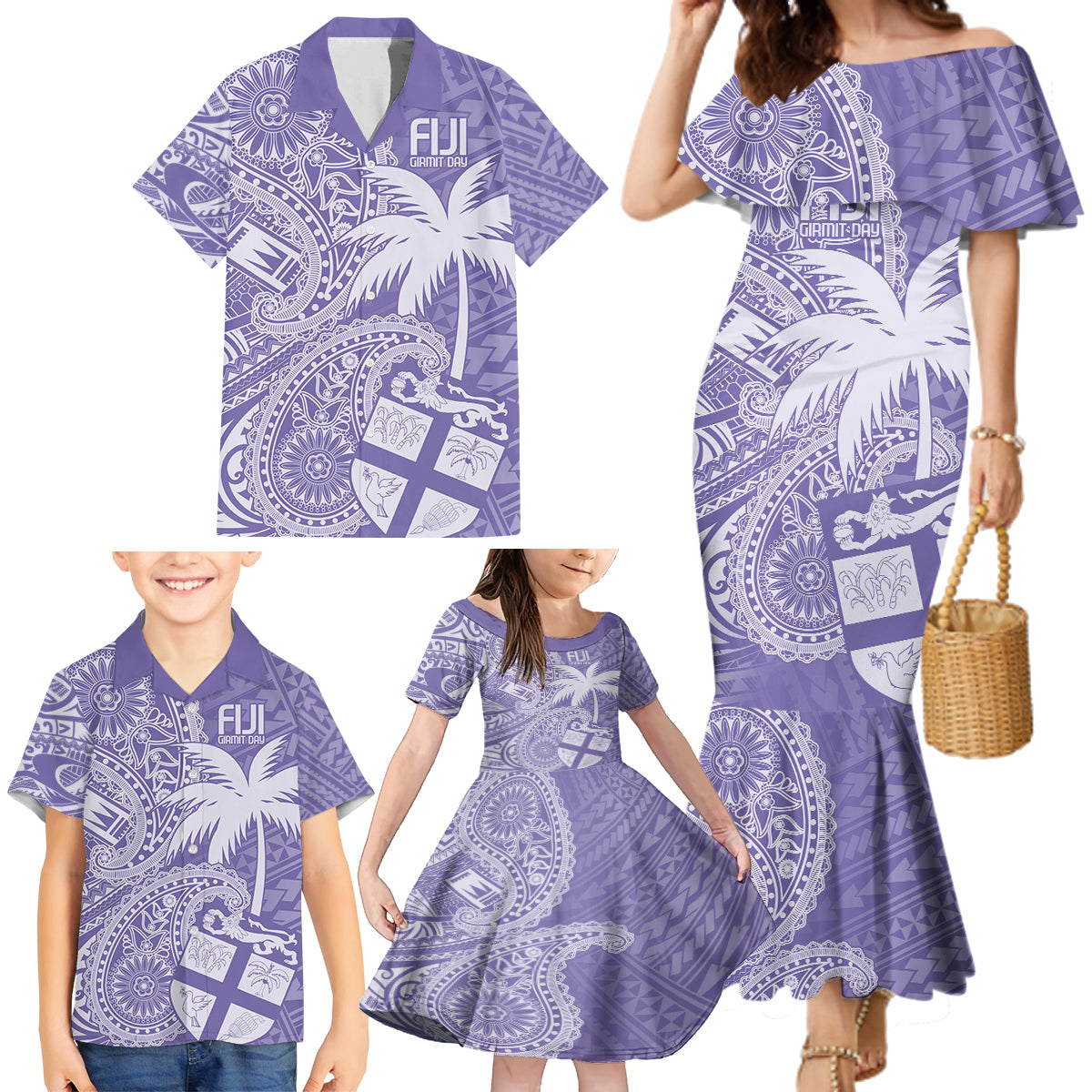 Custom Indo Fijians Family Matching Mermaid Dress and Hawaiian Shirt Fiji ke Hindustani Polyneisan Paisley Purple Style LT9 - Wonder Print Shop