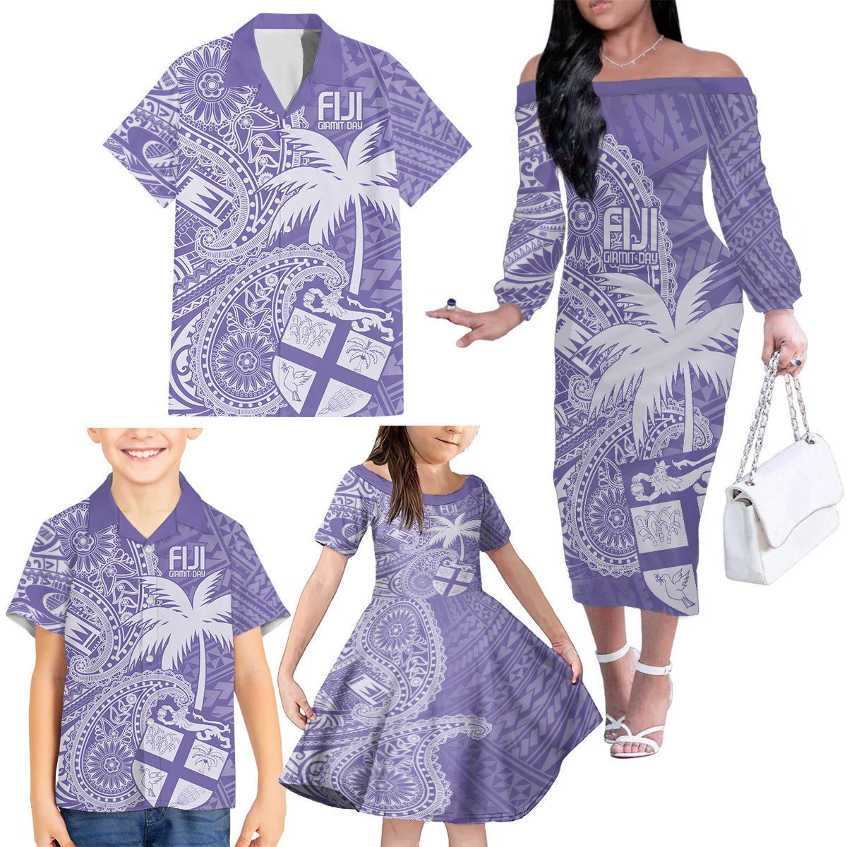 Custom Indo Fijians Family Matching Off The Shoulder Long Sleeve Dress and Hawaiian Shirt Fiji ke Hindustani Polyneisan Paisley Purple Style - Wonder Print Shop