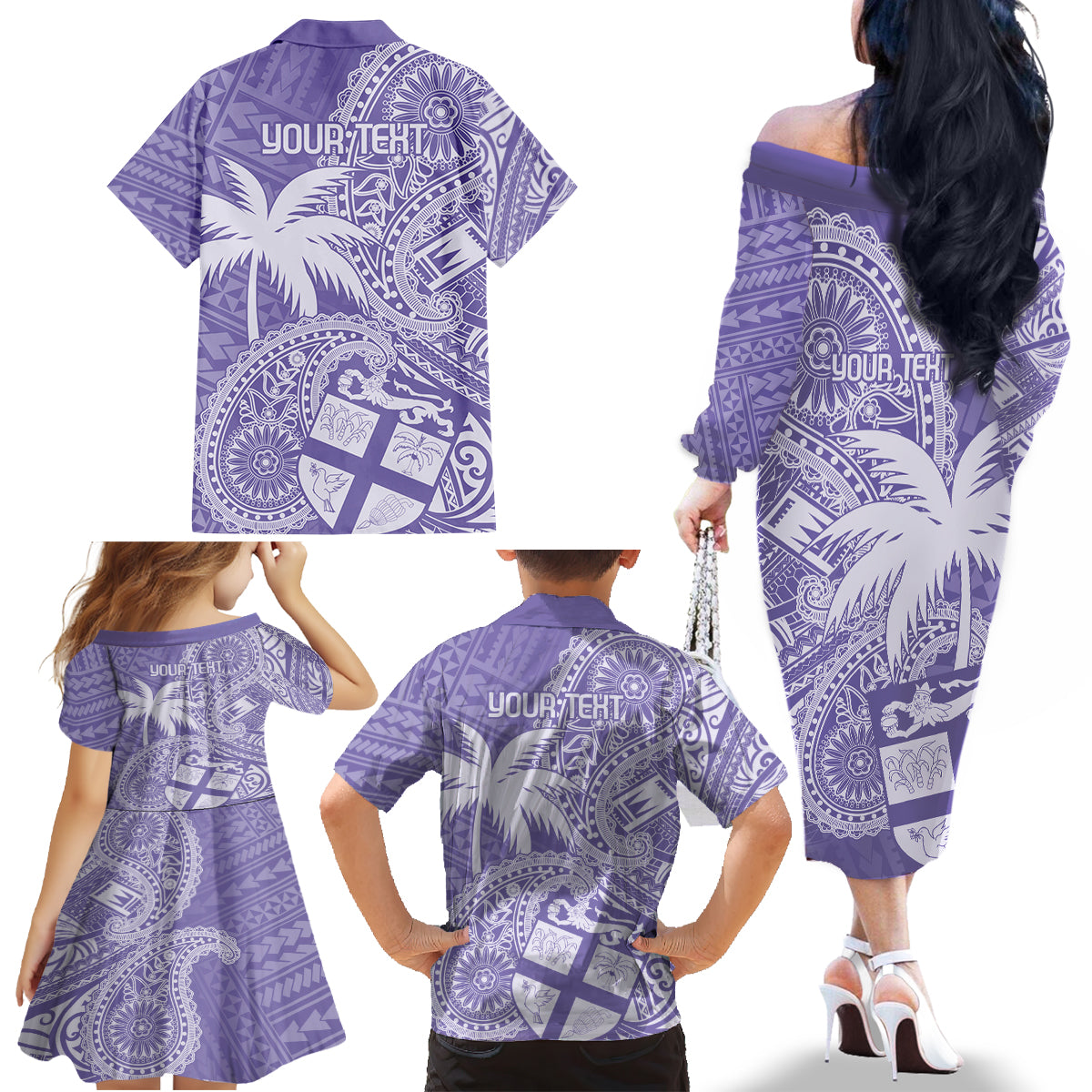 Custom Indo Fijians Family Matching Off The Shoulder Long Sleeve Dress and Hawaiian Shirt Fiji ke Hindustani Polyneisan Paisley Purple Style - Wonder Print Shop