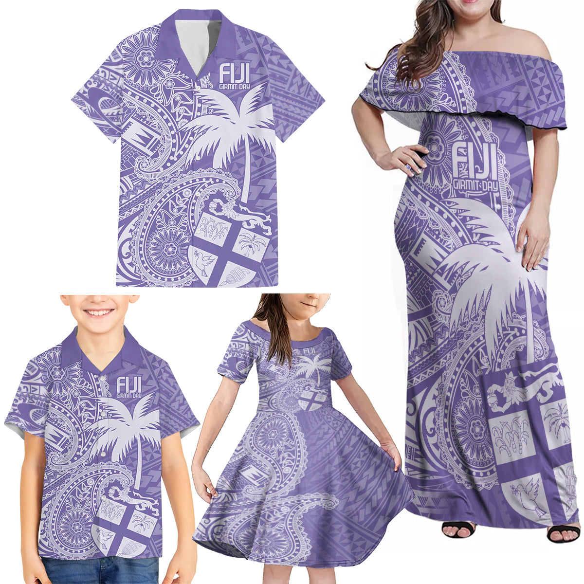 Custom Indo Fijians Family Matching Off Shoulder Maxi Dress and Hawaiian Shirt Fiji ke Hindustani Polyneisan Paisley Purple Style LT9 - Wonder Print Shop