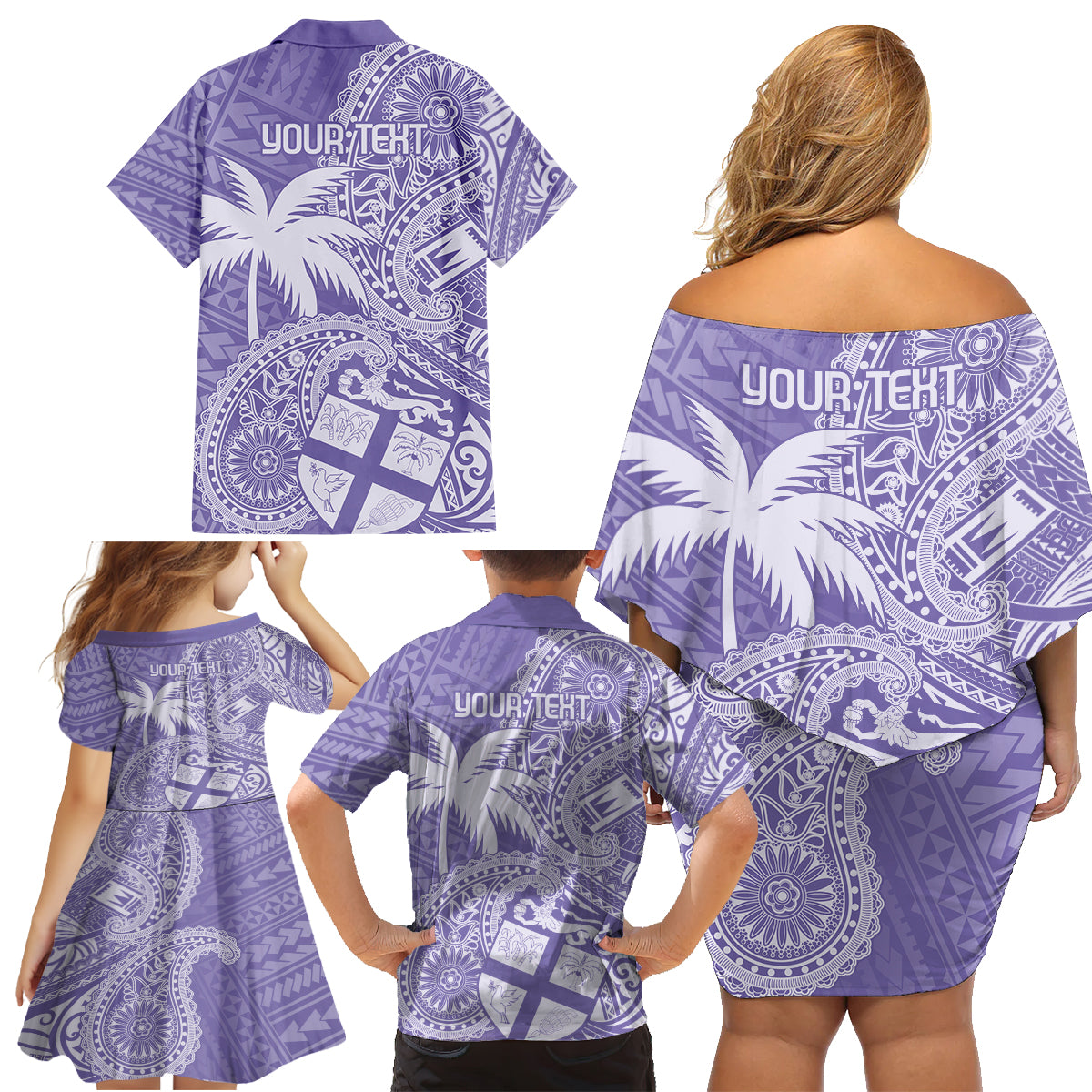 Custom Indo Fijians Family Matching Off Shoulder Short Dress and Hawaiian Shirt Fiji ke Hindustani Polyneisan Paisley Purple Style LT9 - Wonder Print Shop