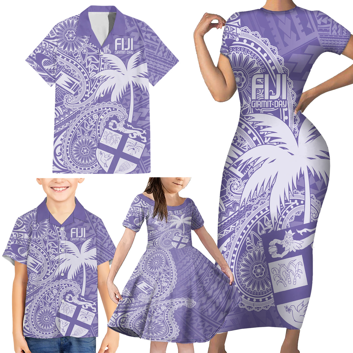 Custom Indo Fijians Family Matching Short Sleeve Bodycon Dress and Hawaiian Shirt Fiji ke Hindustani Polyneisan Paisley Purple Style - Wonder Print Shop