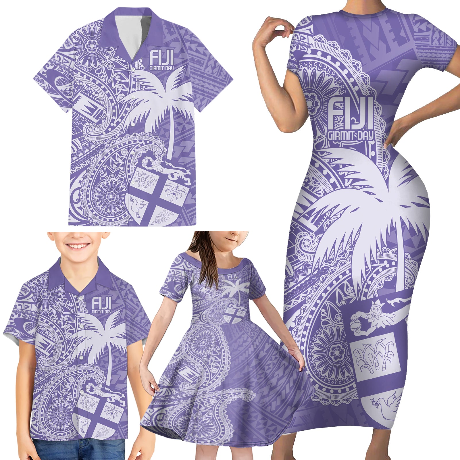 Custom Indo Fijians Family Matching Short Sleeve Bodycon Dress and Hawaiian Shirt Fiji ke Hindustani Polyneisan Paisley Purple Style - Wonder Print Shop