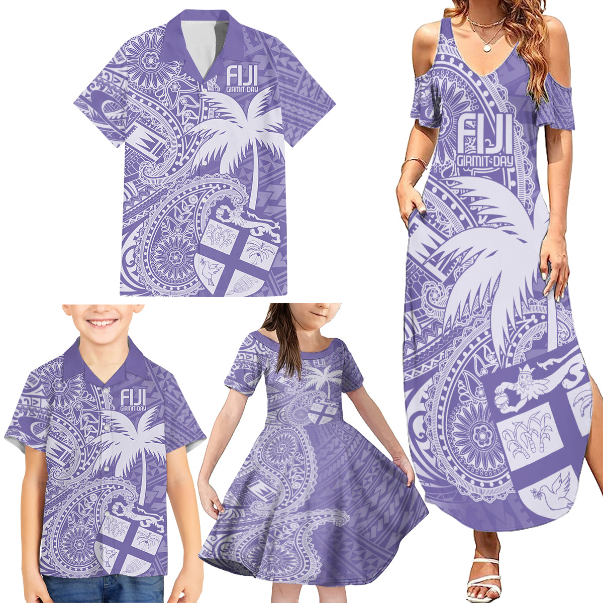 Custom Indo Fijians Family Matching Summer Maxi Dress and Hawaiian Shirt Fiji ke Hindustani Polyneisan Paisley Purple Style - Wonder Print Shop