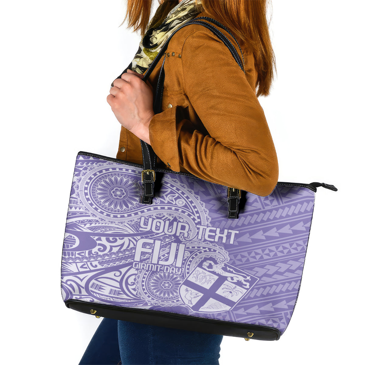 Custom Indo Fijians Leather Tote Bag Fiji ke Hindustani Polyneisan Paisley Purple Style - Wonder Print Shop