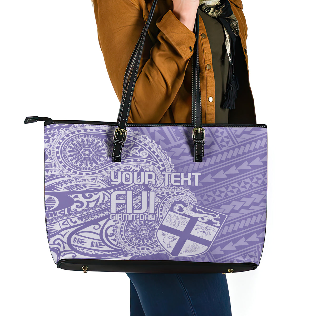 Custom Indo Fijians Leather Tote Bag Fiji ke Hindustani Polyneisan Paisley Purple Style - Wonder Print Shop