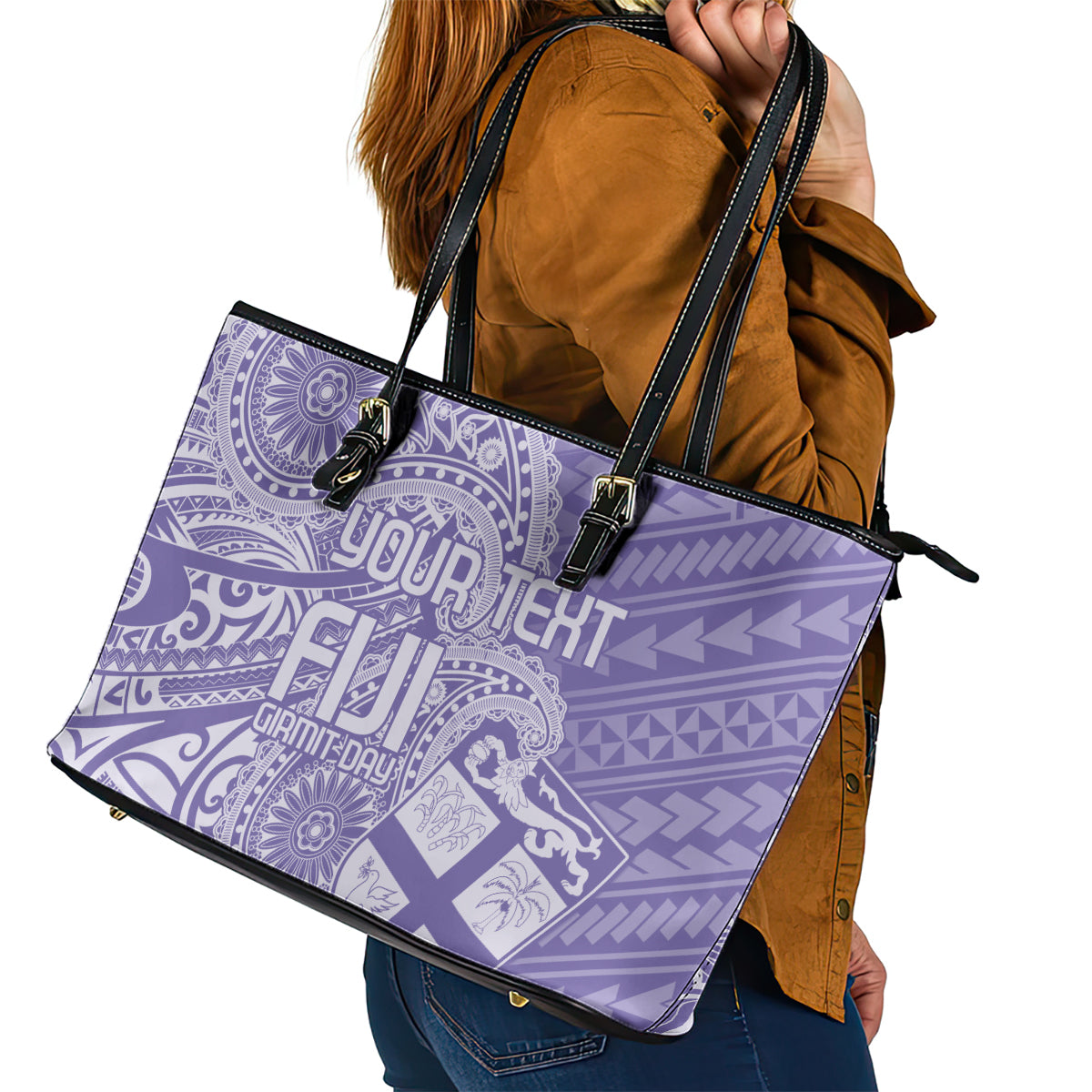Custom Indo Fijians Leather Tote Bag Fiji ke Hindustani Polyneisan Paisley Purple Style - Wonder Print Shop