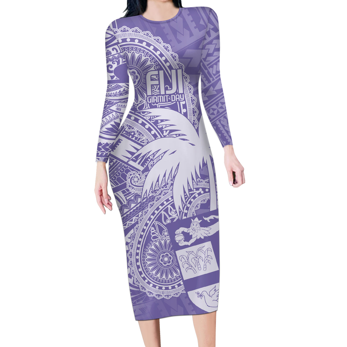 Custom Indo Fijians Long Sleeve Bodycon Dress Fiji ke Hindustani Polyneisan Paisley Purple Style - Wonder Print Shop