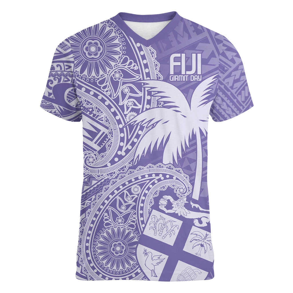 Custom Indo Fijians Women V-Neck T-Shirt Fiji ke Hindustani Polyneisan Paisley Purple Style - Wonder Print Shop