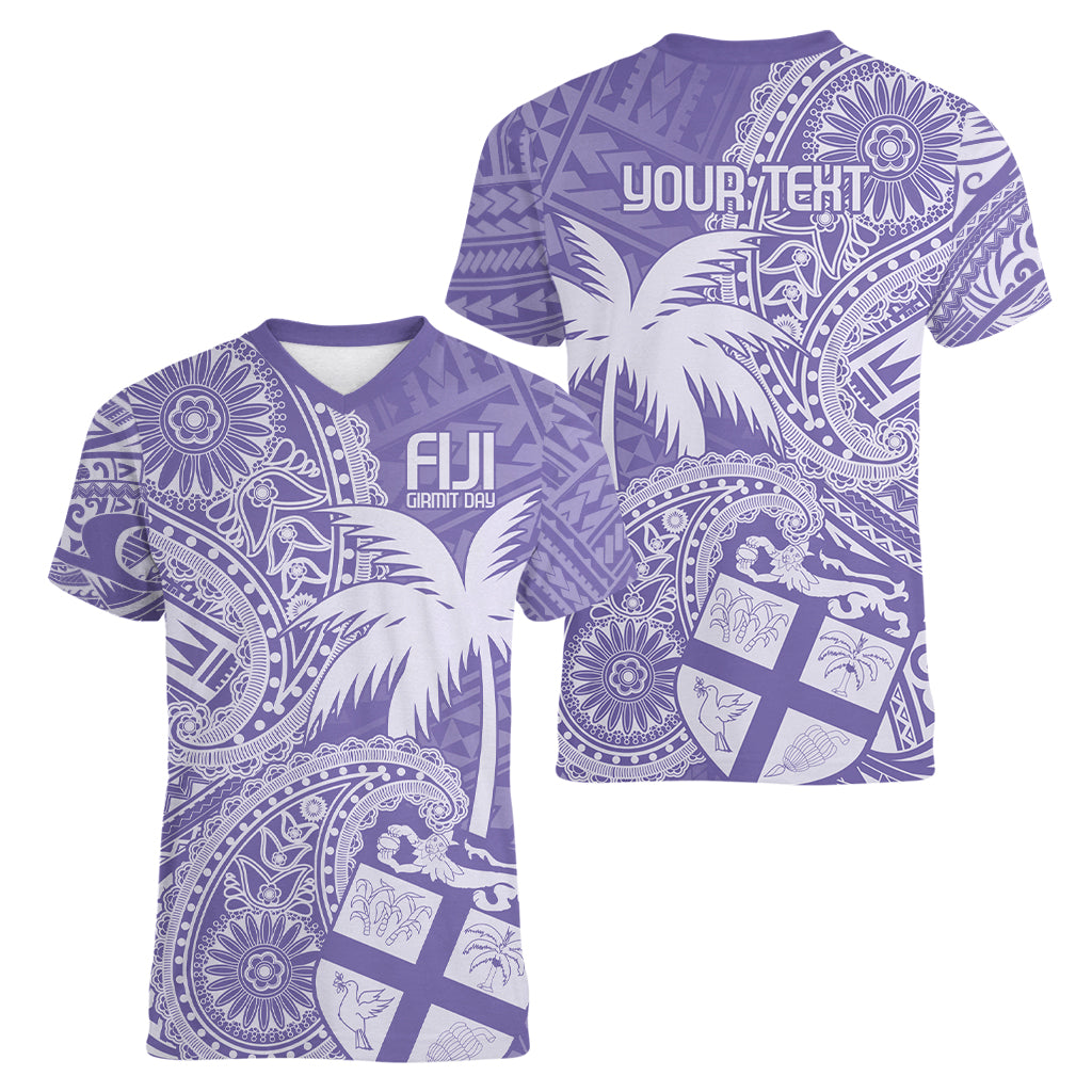 Custom Indo Fijians Women V-Neck T-Shirt Fiji ke Hindustani Polyneisan Paisley Purple Style - Wonder Print Shop