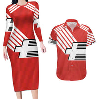 Swiss Football Custom Couples Matching Long Sleeve Bodycon Dress and Hawaiian Shirt 1990-1992 Retro Red Switzerland Vintage